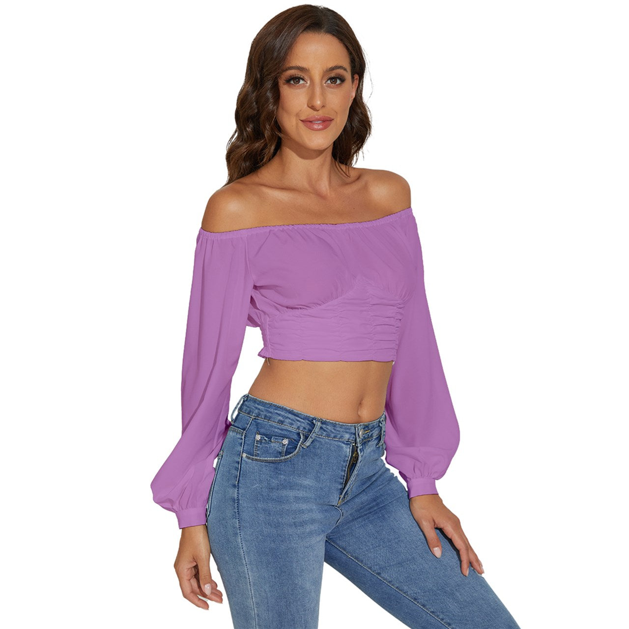 Long Sleeve Crinkled Weave Crop Top - Pearly Purple