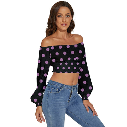 Long Sleeve Crinkled Weave Dots Black Crop Top