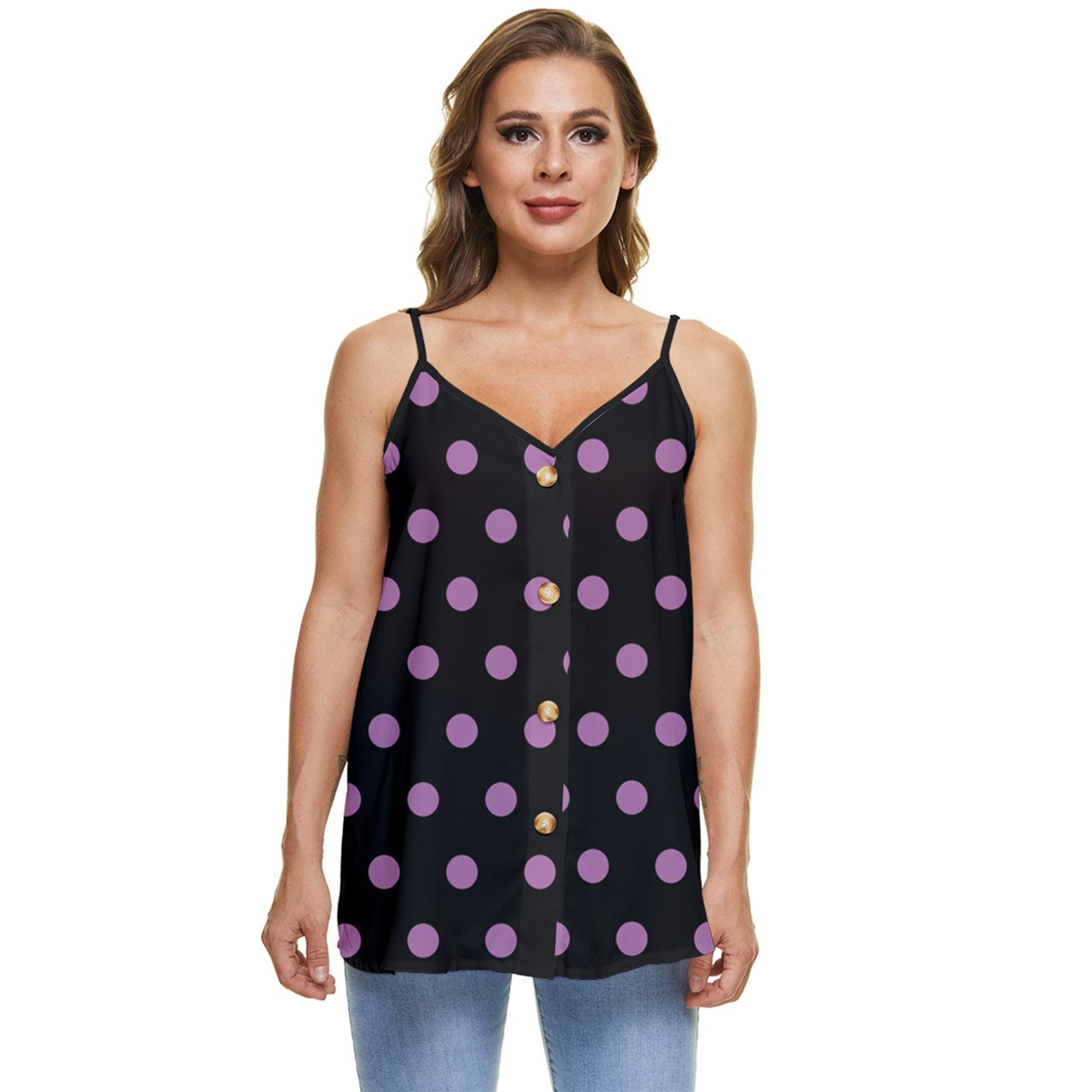 Casual Spaghetti Strap Chiffon Top Dots - Black