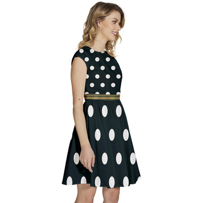 Cap Sleeve High Waist Dots Black Dress