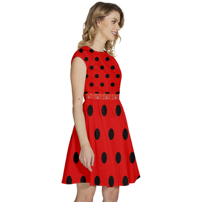 Cap Sleeve High Waist Dots Red Dress