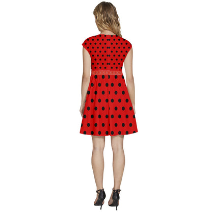 Cap Sleeve High Waist Dots Red Dress