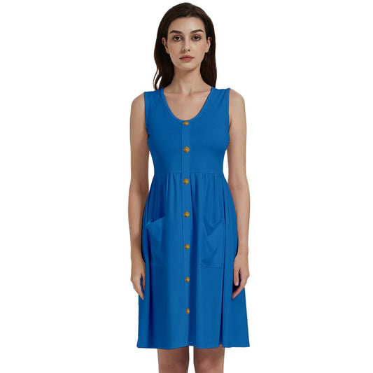 Gold buttons Sleeveless Dress With Pocket - Blue