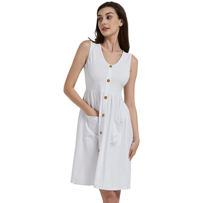 Gold buttons Sleeveless Dress With Pocket - White