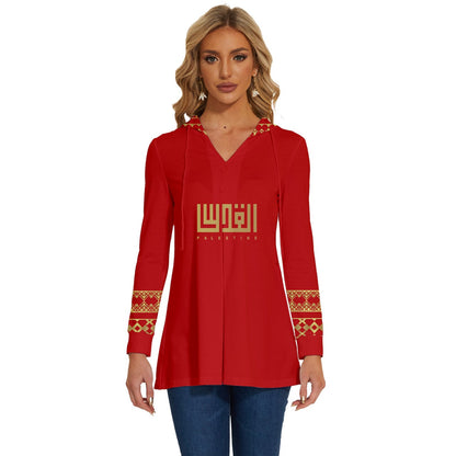 Red Long Sleeve Drawstring Hooded Top