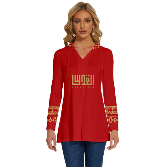 Red Long Sleeve Drawstring Hooded Top