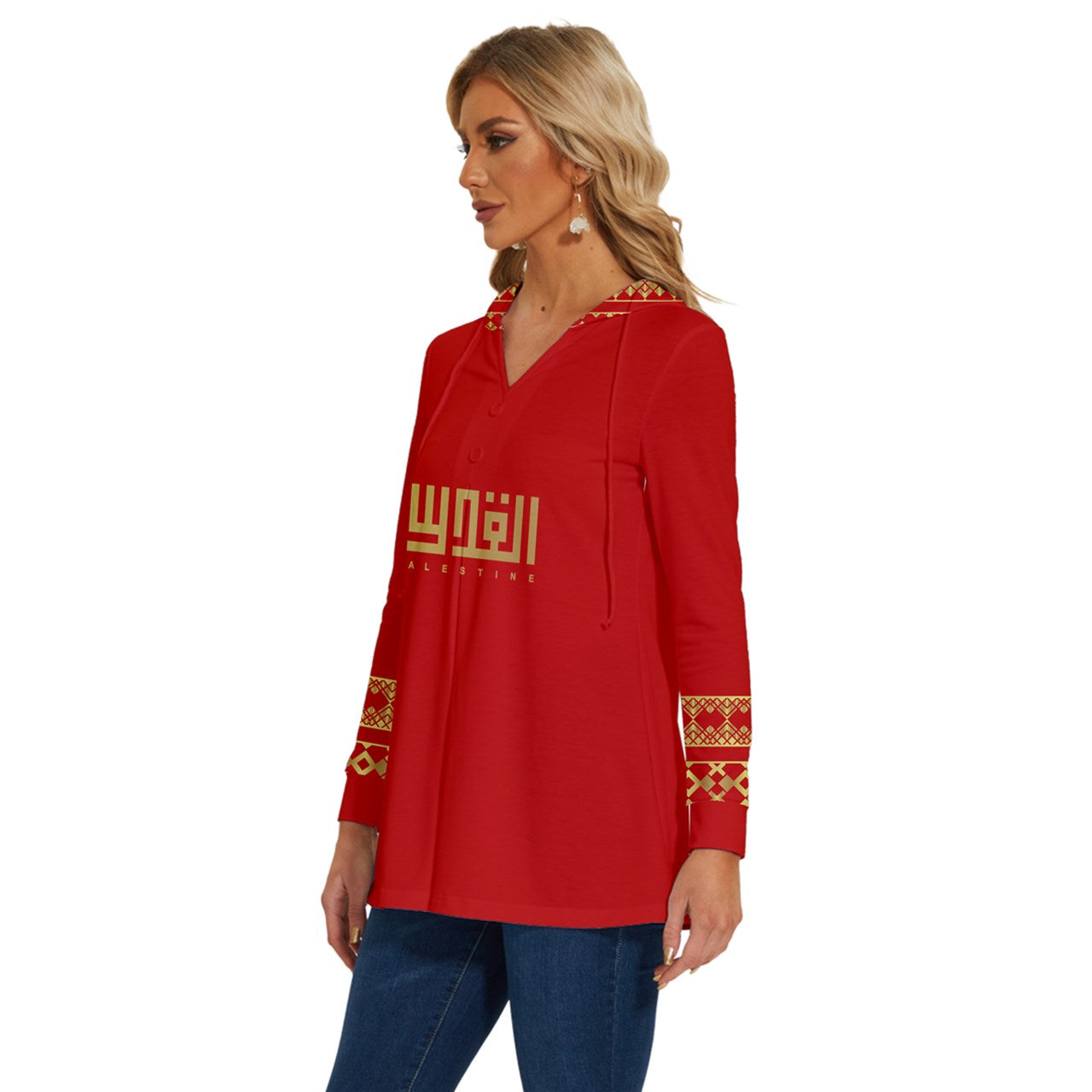 Red Long Sleeve Drawstring Hooded Top