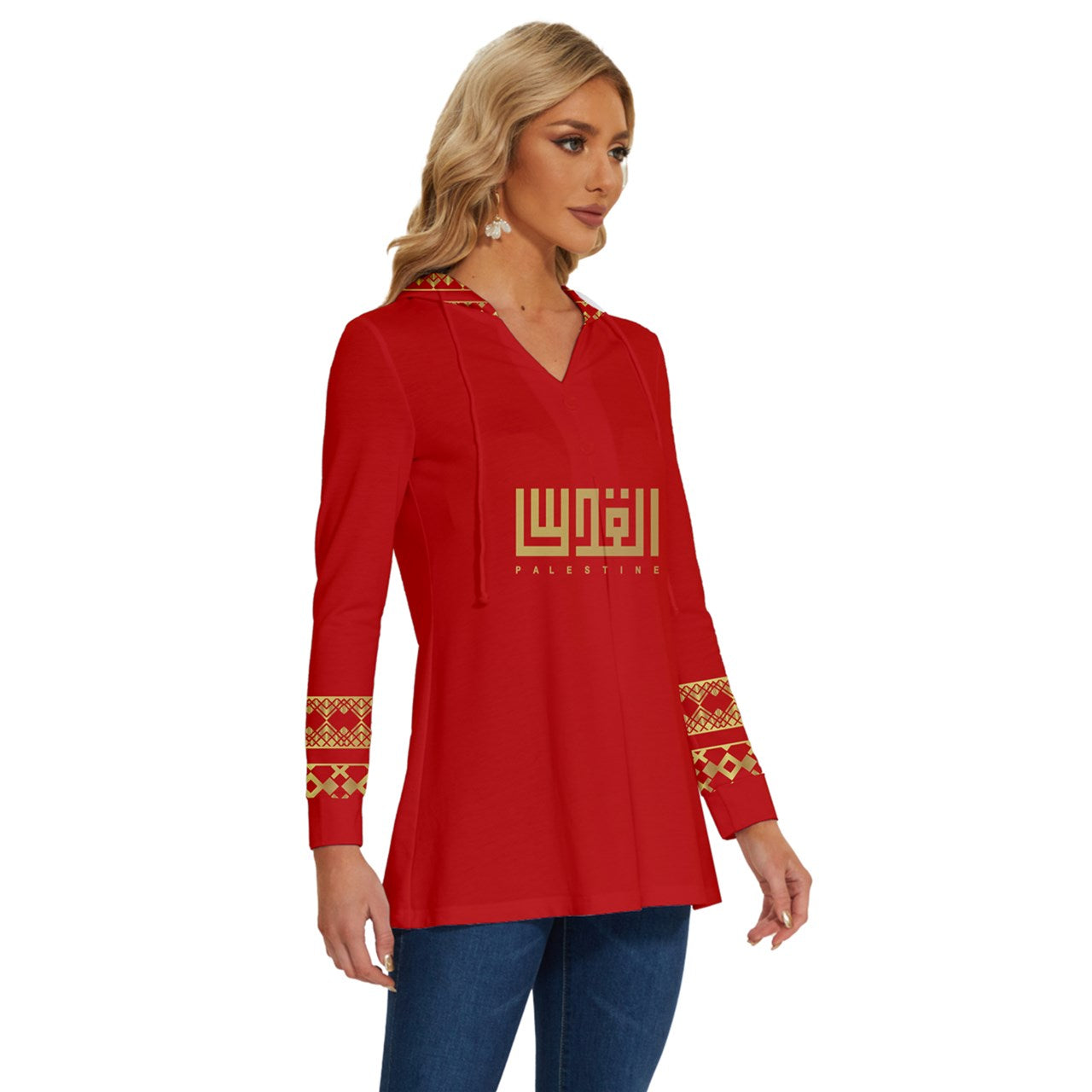 Red Long Sleeve Drawstring Hooded Top