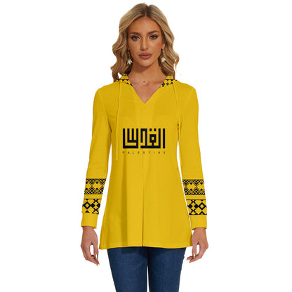 Yellow Long Sleeve Drawstring Hooded Top