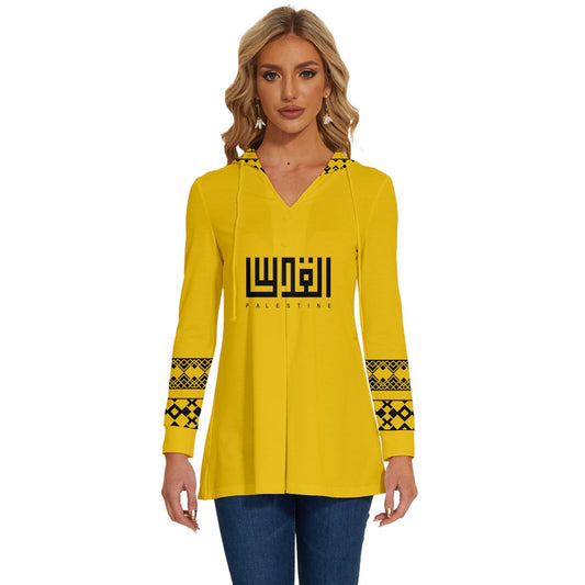 Yellow Long Sleeve Drawstring Hooded Top