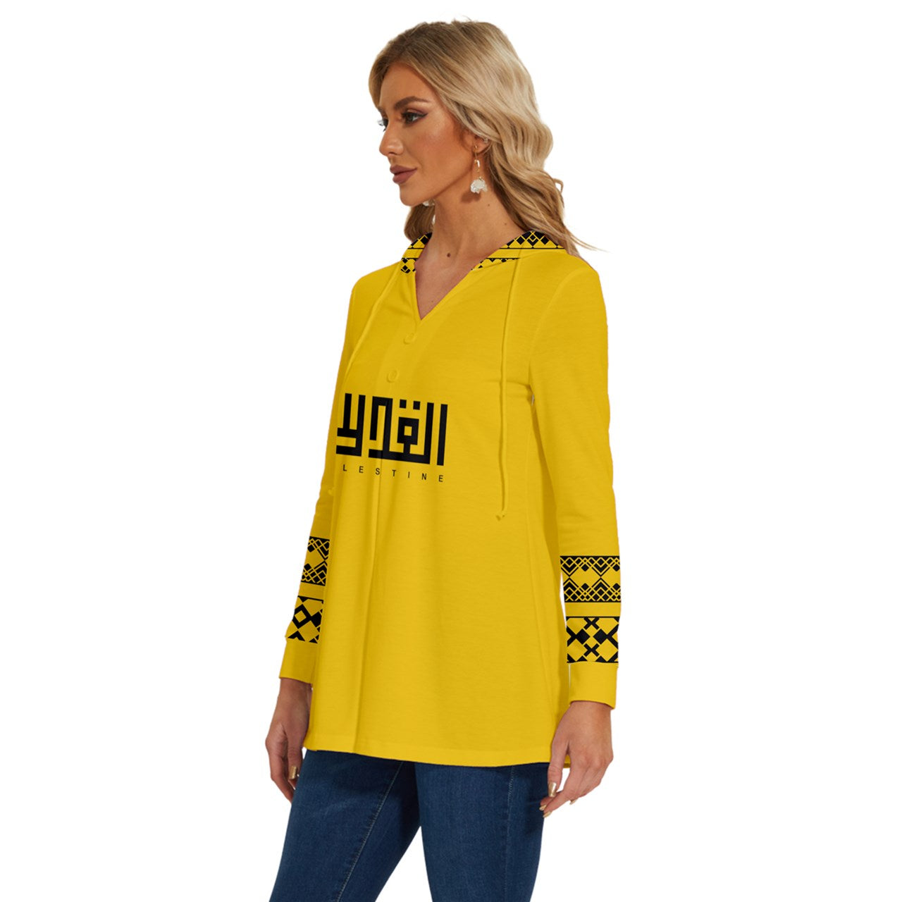 Yellow Long Sleeve Drawstring Hooded Top