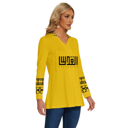 Yellow Long Sleeve Drawstring Hooded Top