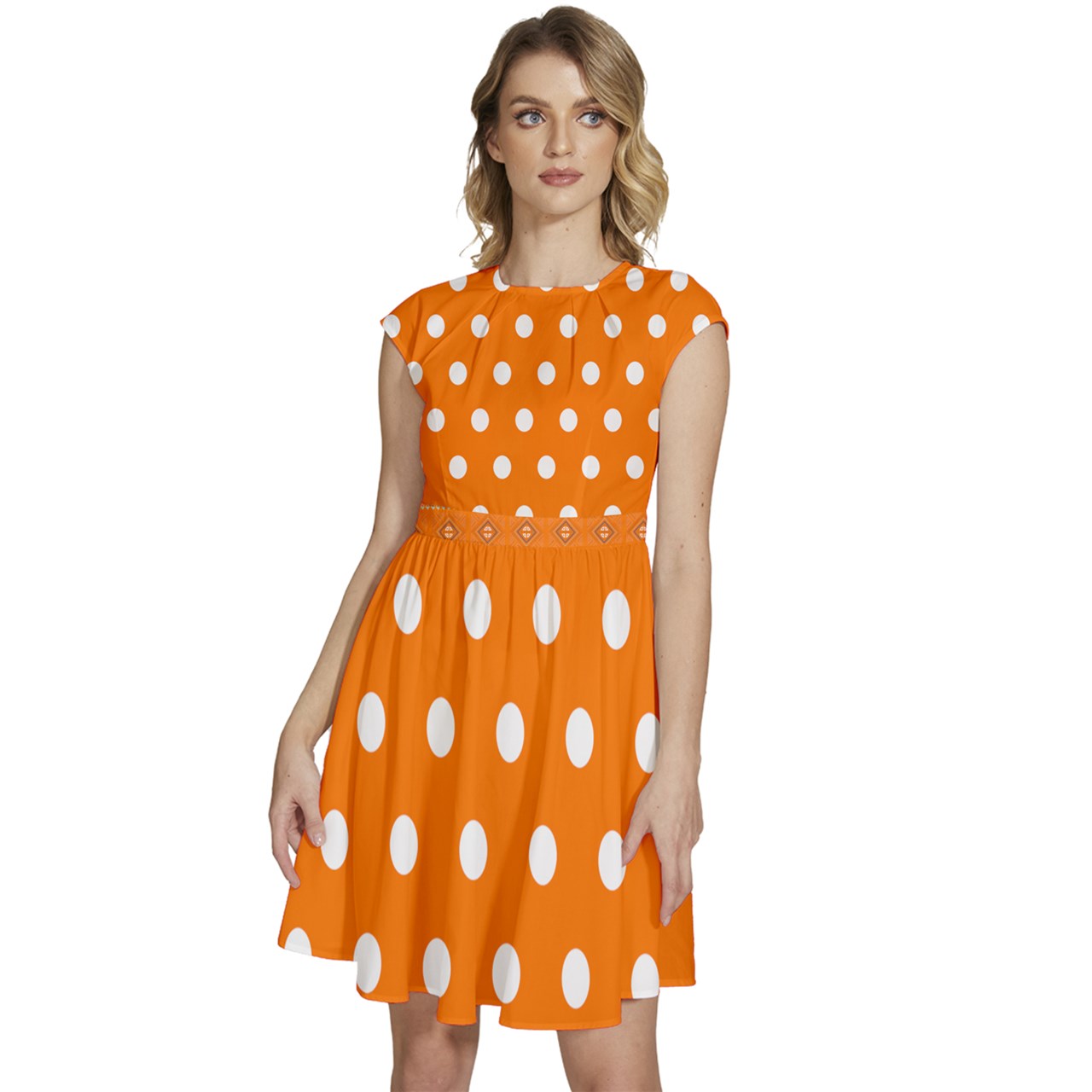 Cap Sleeve High Waist Dots Orange Dress