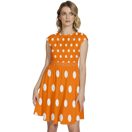 Cap Sleeve High Waist Dots Orange Dress