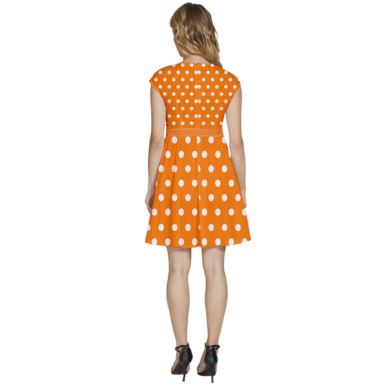 Cap Sleeve High Waist Dots Orange Dress