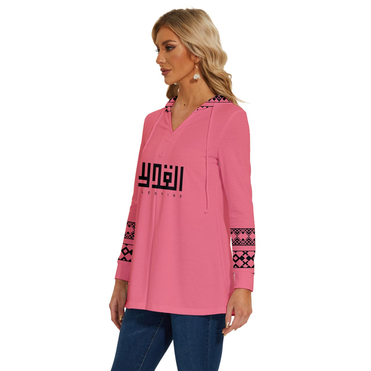 Rose Long Sleeve Drawstring Hooded Top