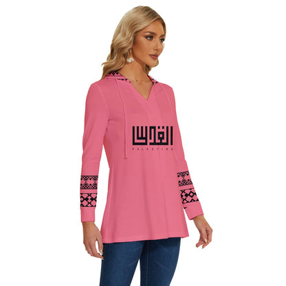 Rose Long Sleeve Drawstring Hooded Top