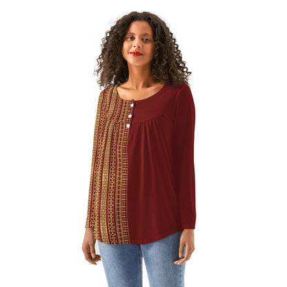 Babydoll Pattern Velvet Dark Red Casual Neck Top