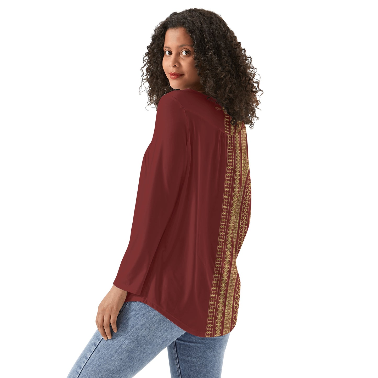 Babydoll Pattern Velvet Dark Red Casual Neck Top