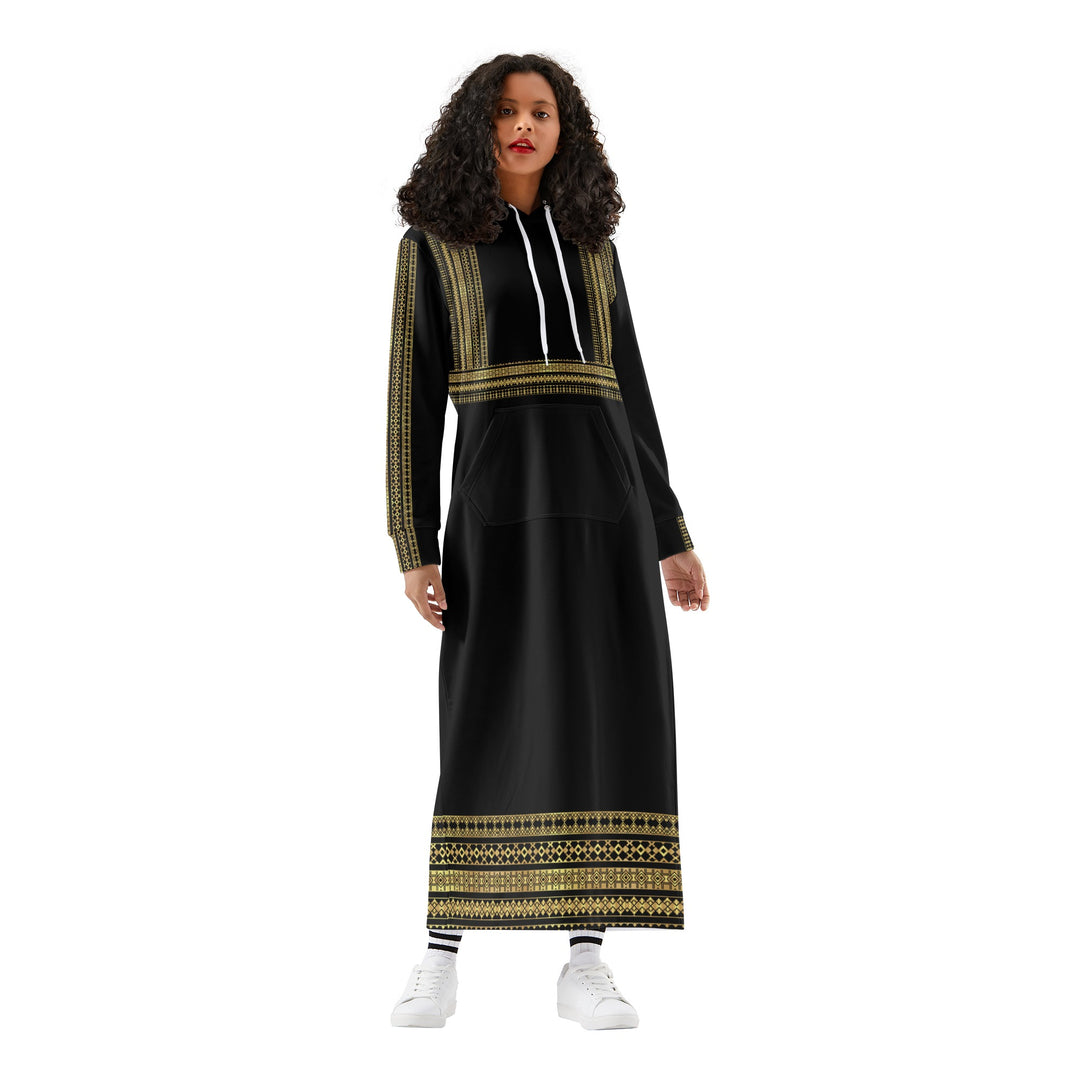 Elegant Palestinian Black Casual Long Hoodie Dress