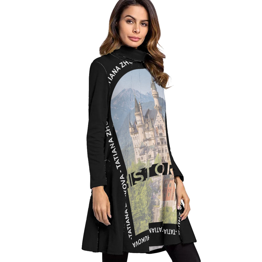 Women's High Neck Dress With Long Sleeve - Black