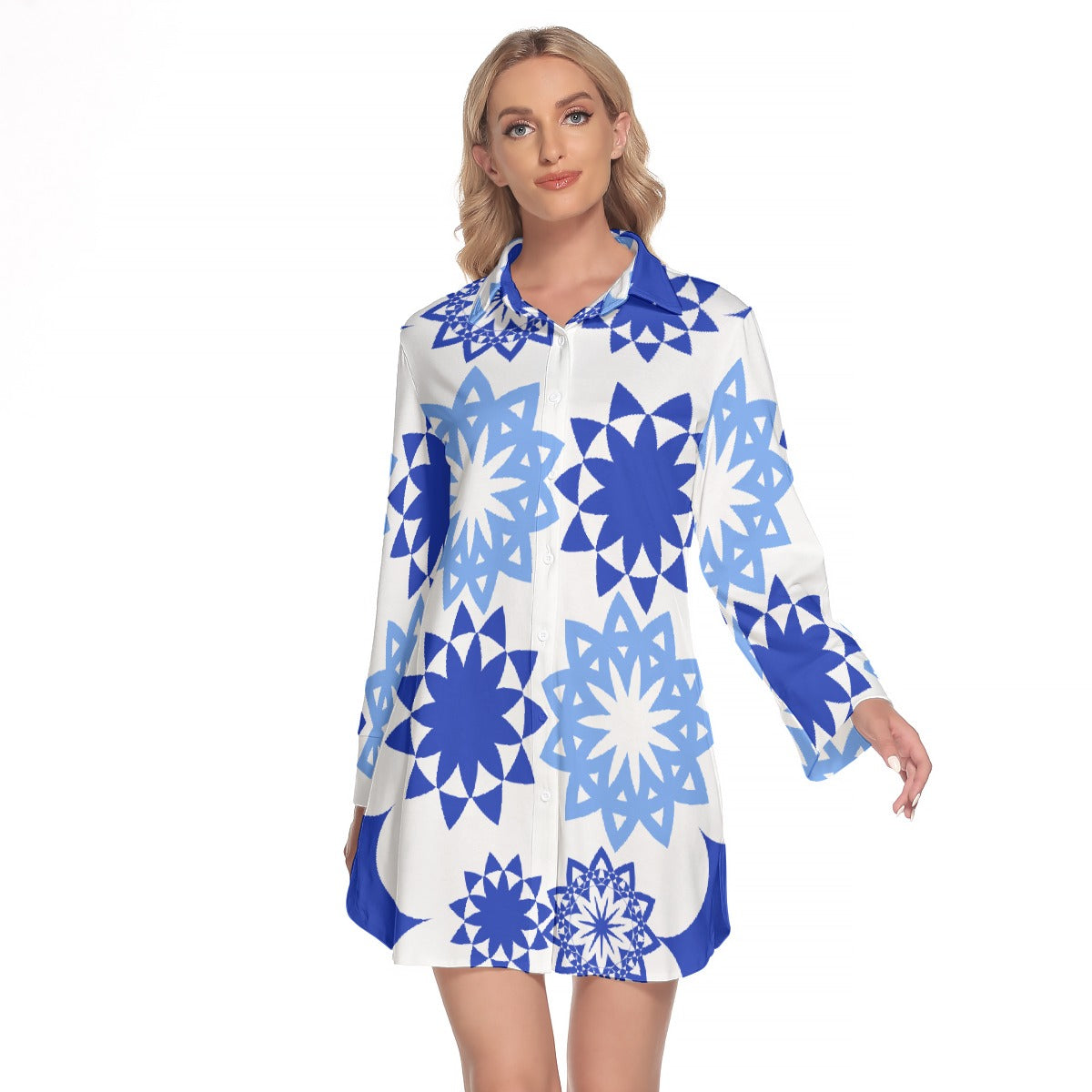 Blue Flowers Women's Long Sleeve Shirt Dress