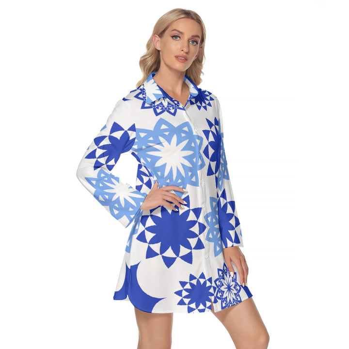 Blue Flowers Women's Long Sleeve Shirt Dress