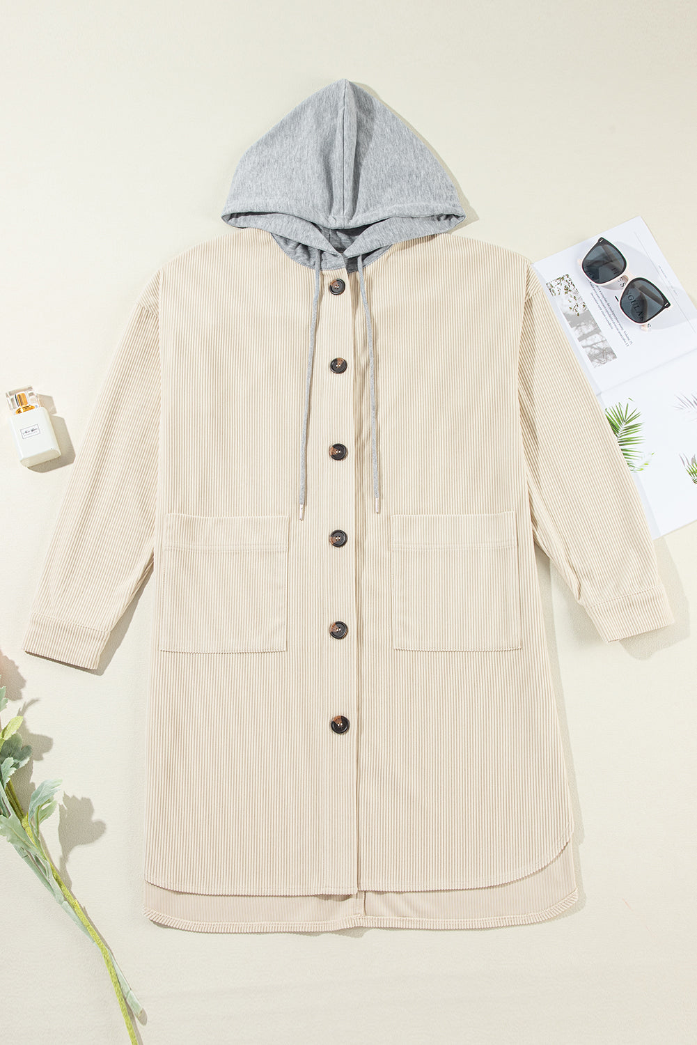 Drawstring Button Up Long Sleeve Hooded Jacket