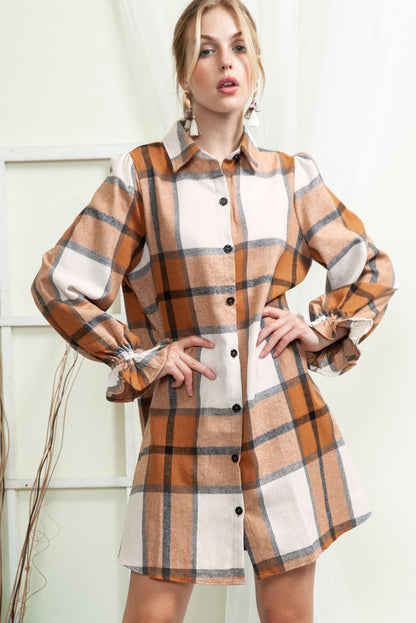 Khaki Plaid Collared Neck Ruffled Sleeve Shirt Dress