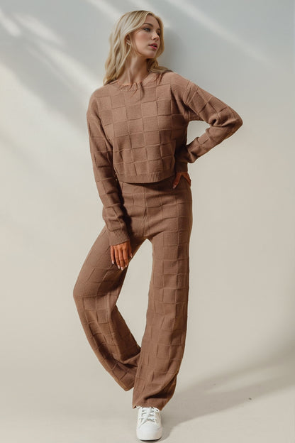 Double Take Checkered Round Neck Top and Pants Set