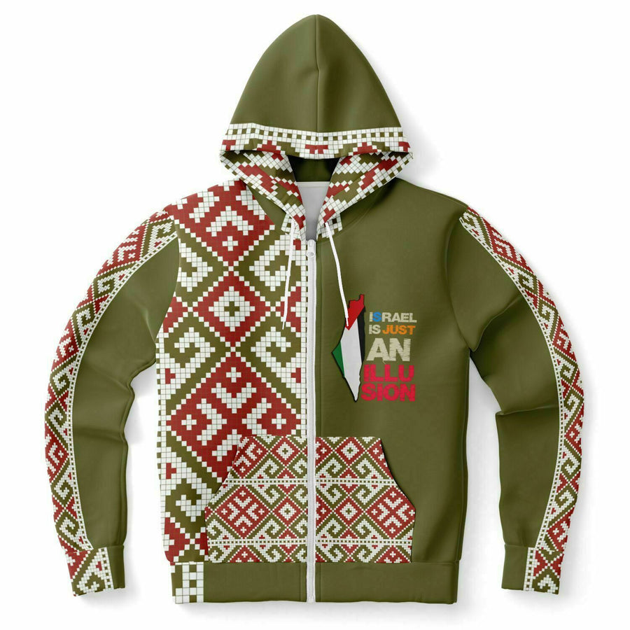 Print Palestinian Embroidery Athletic Zip-Up Hoodie - Olive