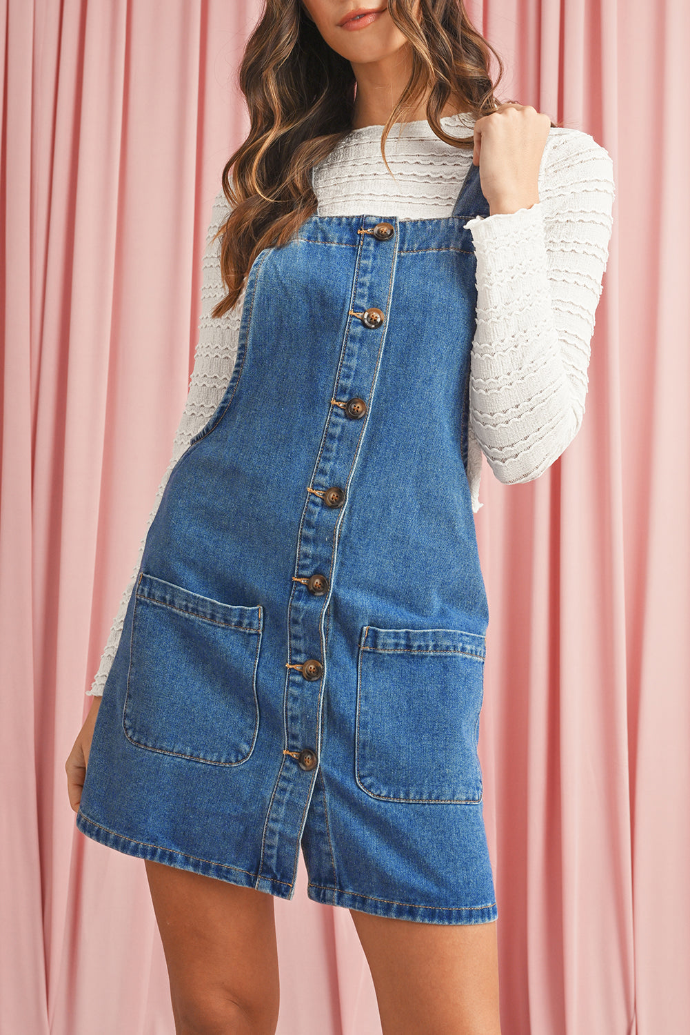 Wide Strap Button Front Pocketed Denim Short Dress