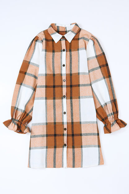 Khaki Plaid Collared Neck Ruffled Sleeve Shirt Dress