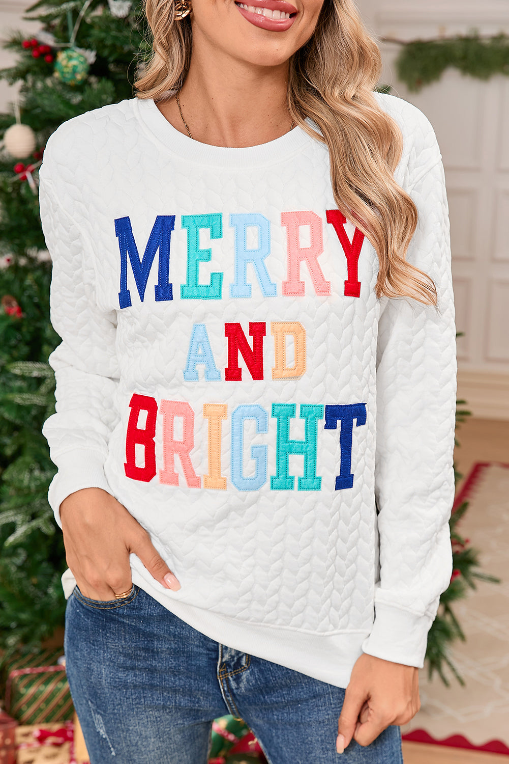 White Merry and Bright Quilted Sweatshirt