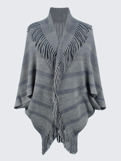 Fringe Detail Open Front Knitted Poncho