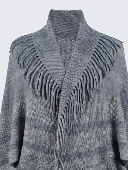 Fringe Detail Open Front Knitted Poncho