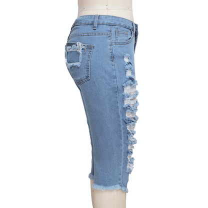 2 PCS Ripped High Waist Stretchy Knee Length Denim