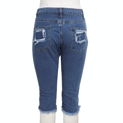 2 PCS Ripped High Waist Stretchy Knee Length Denim