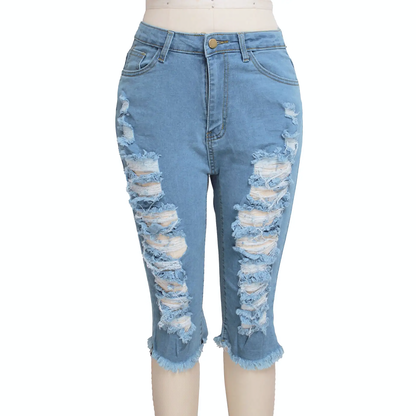 2 PCS Ripped High Waist Stretchy Knee Length Denim