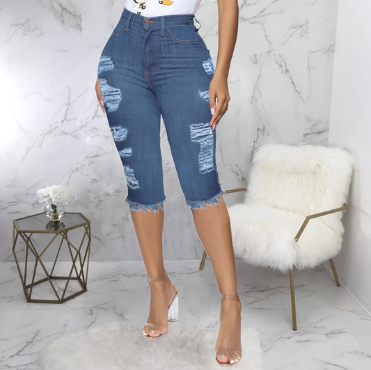 2 PCS Ripped High Waist Stretchy Knee Length Denim