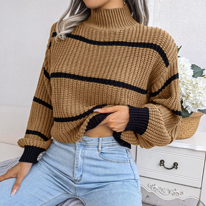 European Style Striped Lantern Sleeve  Knitted Pullover