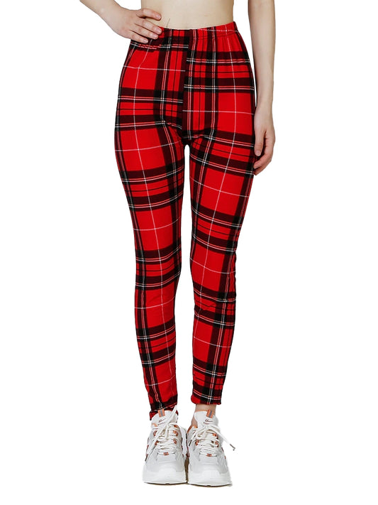 Patterned Print Vintage Elastic Leggins - Color Plaid