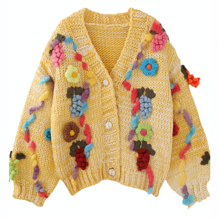 Vintage Handmade Knit Hook Flower Cardigan Coat