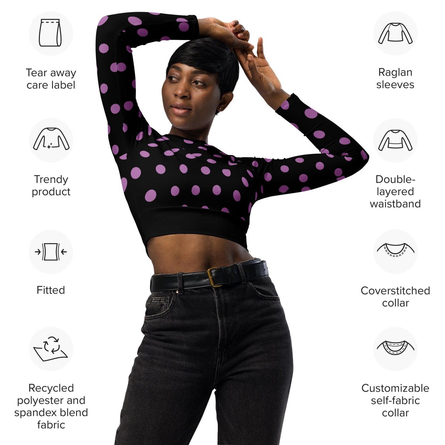 Dots Long Sleeve Black Crop Top