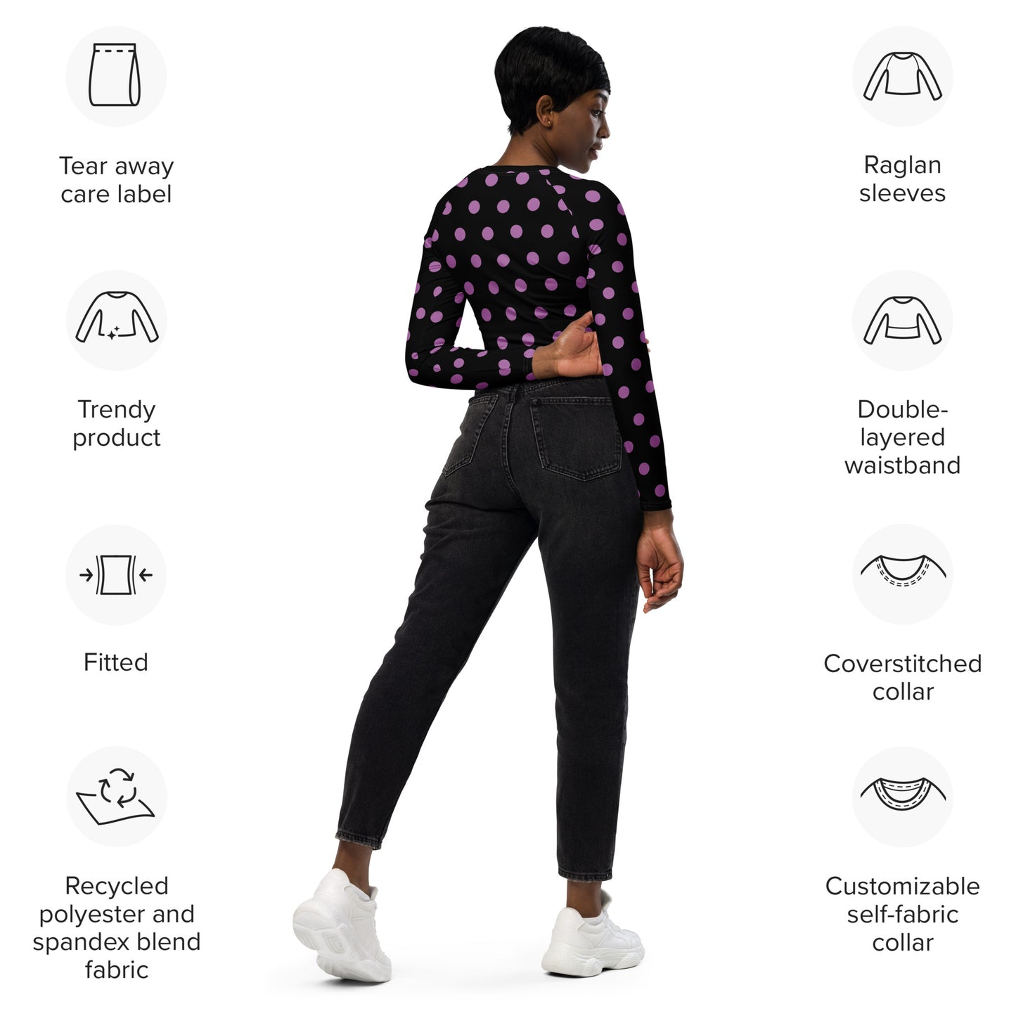 Dots Long Sleeve Black Crop Top