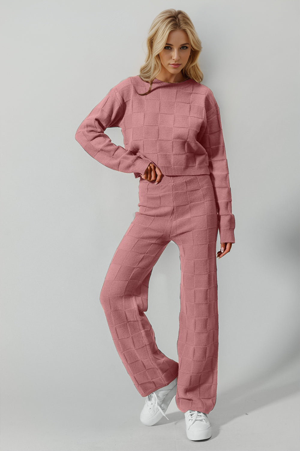 Double Take Checkered Round Neck Top and Pants Set