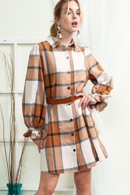 Khaki Plaid Collared Neck Ruffled Sleeve Shirt Dress