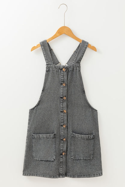 Wide Strap Button Front Pocketed Denim Short Dress