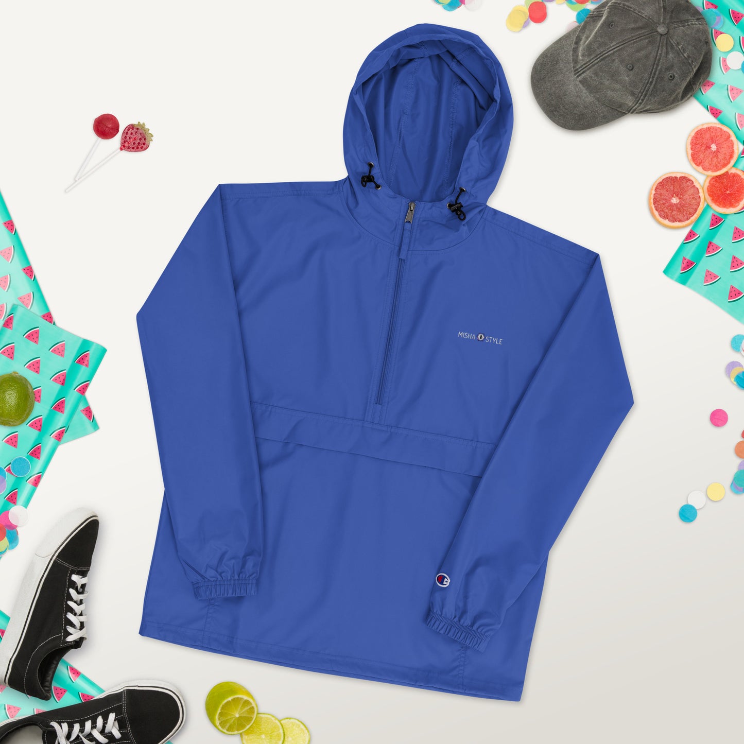 Embroidered Champion Packable Jacket - Blue