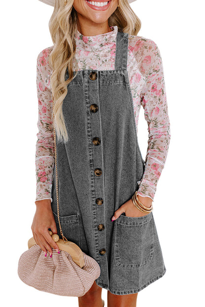 Wide Strap Button Front Pocketed Denim Short Dress